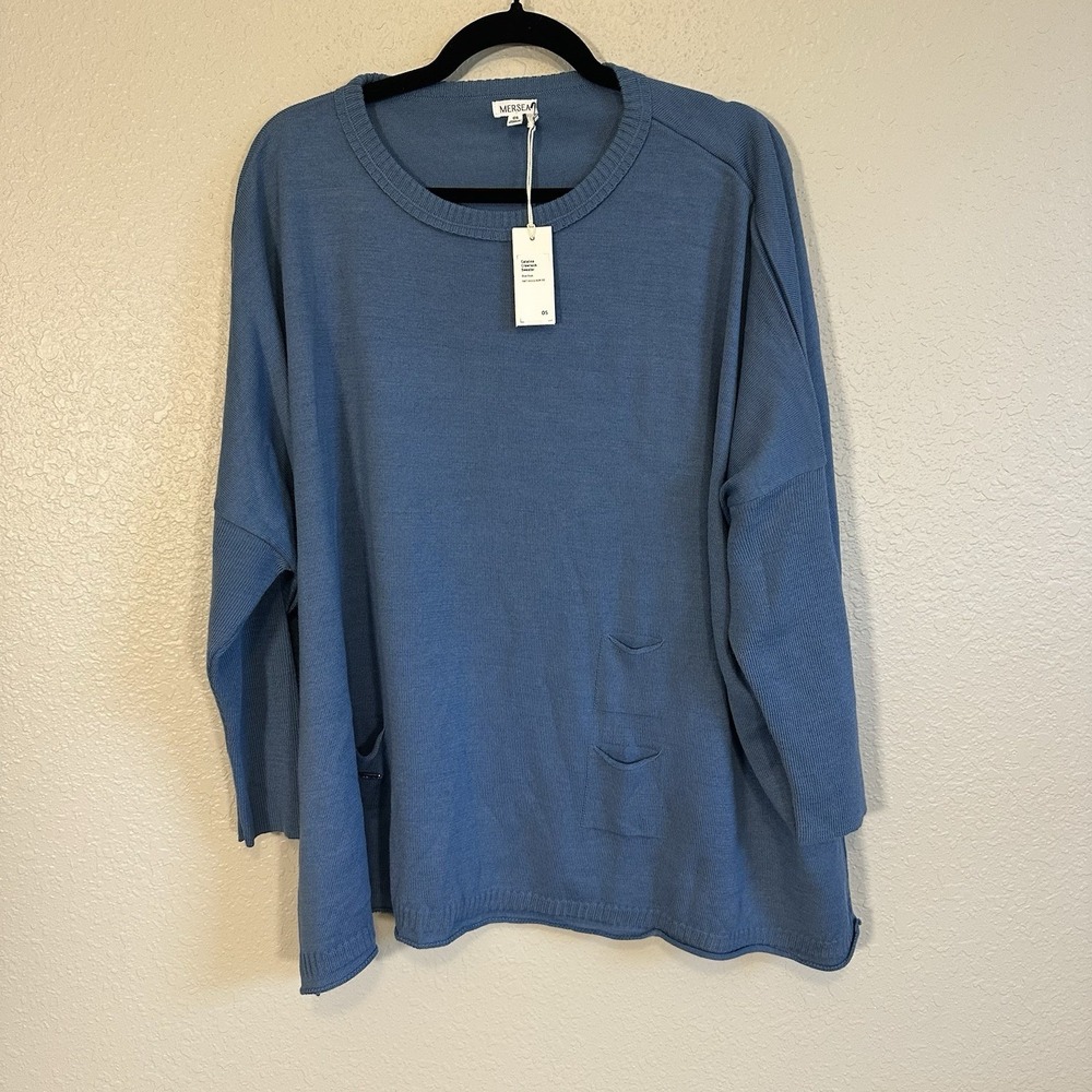 NWT Mersea Catalina Cotton Sweater Sky Blue Crew Neck Knit One Size Lagenlook